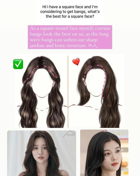 Square Face Shape Women, Curtain Bangs For Square Face, Curtain Bangs On Round Face, Square Face Shape Hairstyles, Heart Face Shape Hairstyles, Korean Curls, Diamond Face Haircut, Bangs For Square Face, Square Face Makeup