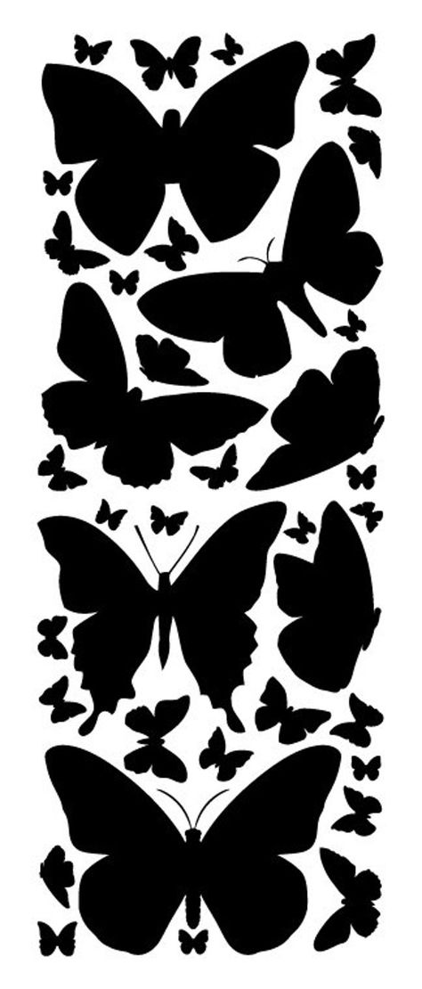 Bring your wall to life with our black butterfly wall decals.  These black butterfly stickers are super easy to install and will never damage your walls or leave a sticky residue.  These butterfly wall graphics will be a great addition to your wall decor.  Your order will include a total of 37 butterfly wall decals.  The largest decal measures approximately 8 inches wide by 5.75 inches high. PRODUCT DETAILS -Quick installation with easy-to-read instructions included -The decals are easily remova Butterfly Sillhoute, Wall Stickers Printable, Black Butterfly Printable, Butterfly Silhouette Templates, Black Butterfly Stickers, Cricut Wall Decals, Hot Pink Butterfly, Cnc Pattern, Heartbeat Tattoo