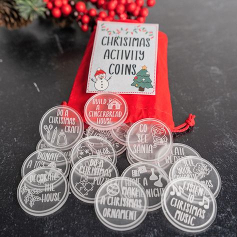 Christmas Activity Tokens, Family Activity Ideas, Family Christmas Gift, Advent Coins, Christmas Countdown, Kids Activities, Reward Tokens This set of 30 festive holiday activity coins are the perfect way to count down to Christmas! You can pick your favorite 24 or have days where you do more than one activity. Friends and family will gather around to pull the Christmas token out  of the velvet bag we include! Watch and smile as you create new memories with this family tradition you'll look forw Christmas Countdown Kids, Count Down To Christmas, Festive Activities, Survival Kit Gifts, Christmas Activity, Survival Kits, Senior Gifts, Frosted Acrylic, Family Tradition