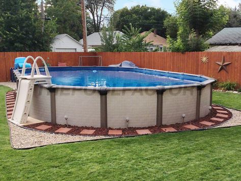 Above Ground Oval Pool Landscaping Ideas, Oval Pool Landscaping, Oval Pool Landscaping Ideas, Above Ground Pools With Decks, Ground Deck, Oval Above Ground Pools, Diy Above Ground Pool, Oval Pool, Pool Images