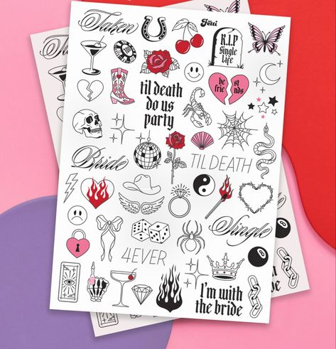 Wedding Temp Tattoos, Temporary Tattoo Bachelorette Party, Wedding Flash Tattoo Ideas, Wedding Tattoo Flash Sheet, Rockstar Bachelorette Party, Wedding Flash Tattoo, Bachelorette Tattoo Ideas, Match Made In Heaven Bachelorette, Goth Bachelorette