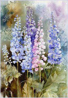 Yvonne Harry Watercolour Florals, Art Watercolour, Watercolour Inspiration, 수채화 그림, Watercolor Inspiration, Delphinium, Arte Floral, Watercolor Techniques, Art Floral