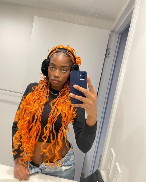 Black girl with ginger braids,winter aesthetic Neon Orange Braids, Orange Braids With Curls, Orange Braids Black Women, Black And Orange Braids, Black And Ginger Braids, Ginger Braids With Curls, Orange Braids For Black Women, Orange Box Braids, Orange Hairstyles