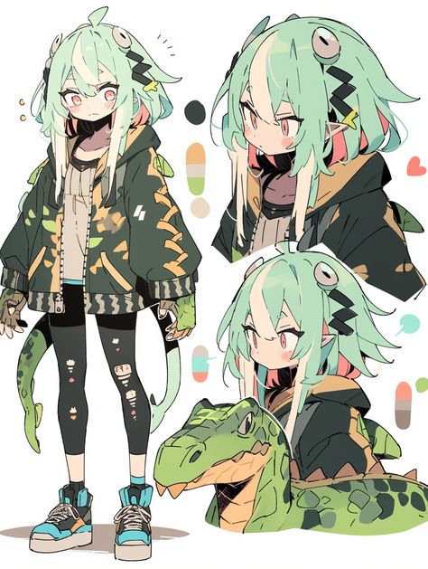 Anime Hair Concept, Flat Color Character Design, Flat Color Art Style, Character Design Green Hair, Alligator Anime, Anime Characters With Green Hair, Alligator Character Design, Hairstyles Concept Art, Simple Anime Style