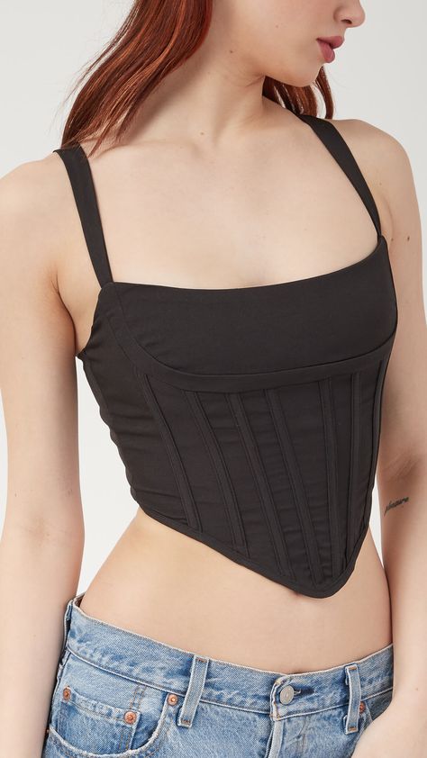 Sleeveless stretch polyester corset top in black. Square neck collar. Boning throughout. Zip closure at back. V-shaped hem. Silver-tone hardware. 95% Polyester, 5% Spandex Imported Hand Wash V Corset Top, V Corset, V Neck Corset, Neck Corset, Black Square, Neck Collar, Corset Top, V Shape, Square Neck