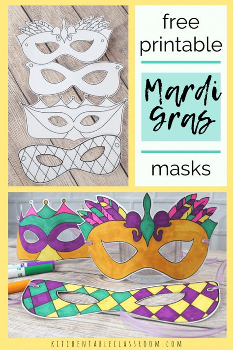 black and white Mardi gras masks and Mardi Gras masks colored with marker Fat Tuesday Crafts For Kids, Mardi Gras Mask Craft For Preschool, Marci Gras Activities For Kids, Mardi Gras Diy Mask, Mardi Gras Ideas For Kids, Mardi Gras Senior Activities, Mardi Gras Classroom Activities, Mardi Gras Masks For Kids, Mardi Gras Masks Diy