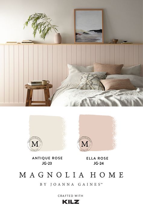 “These muted, rosy colors add an airiness to the room that is beautifully drawn out by the natural light pouring in.” – Joanna Gaines. Explore this room on our blog. Muted Dusty Pink Paint, Muted Rose Paint, Light Wall Colors Bedroom, Blush Nursery Paint, Taupe Pink Paint Colors, Blush Paint Color Bedrooms, Light And Airy Paint Colors, Muted Pink Paint Colors, Blush Wall Color