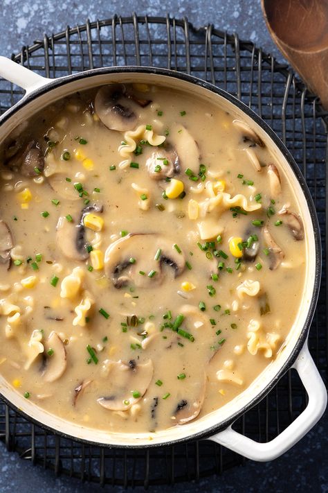 Creamy Fall Soup with Mushrooms, Corn + Leeks – Here In The Midst Mushroom Corn Soup, Leek And Mushroom Soup, Mushroom And Corn Recipes, Mushroom Corn Chowder, Corn And Mushroom Soup, Corn Recipes Healthy, Mushroom And Leeks, Mushroom Leek Soup, Mushroom Corn Chowder Taste Of Home