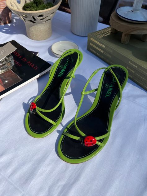 Vintage Chanel Sandals, Chanel Ladybug Heels, Vintage Slingback Heels, Chanel Vintage Shoes, Vintage Chanel Shoes, Vintage Designer Heels, Ladybug Clothes, Sandals Diy, Chanel Green