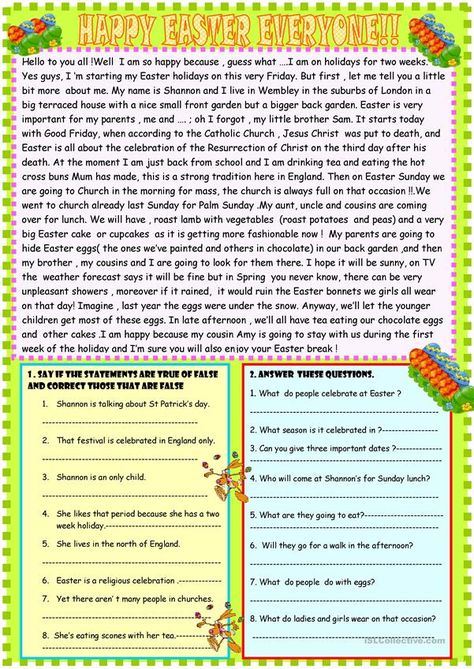 Happy Easter reading comprehension - English ESL Worksheets for distance learning and physical classrooms Easter Reading Comprehension, Kindergarten Spelling Words, Printable Worksheets For Kindergarten, Easter Worksheets, Festive Activities, Esl Reading, Learning Reading, Comprehension Exercises, Teaching English Grammar