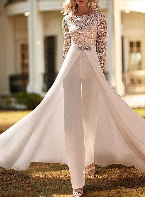 Wedding Dress Long Sleeve Two Piece, Long Sleeve Wedding Dress With Pants, Romper Wedding Dress With Skirt Fancy, Jumpsuit Wedding Dress With Skirt Formal, Wedding Dress With Romper Under, Dress For Wedding Renewal, Wedding Dress Leggings, Wedding Bridal Pants, Wedding Pantsuit Removable Skirt