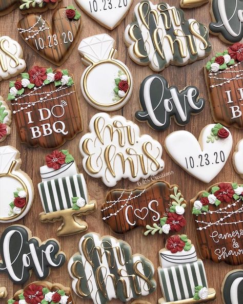 Brittany Geil on Instagram: “Elegant and glamorous I Do BBQ cookies for an engagement party!! I love that my customer requested the black, white, and gold but then…” I Do Bbq Cookies, Bbq Cookies, Engagement Party Bbq, Engagement Party Table, Fall Engagement Parties, Barbecue Wedding, Bbq Wedding Reception, Wedding Rehearsal Dinner Decorations, Wedding Ranch