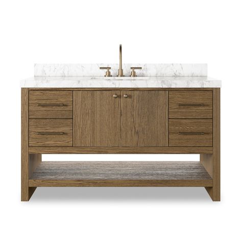 Anthem Single Wide Vanity Washed Natural Veneer Four Hands Cabinets And Open Shelving, Peaceful Space, Single Wide, Double Sink Vanity, Luminaire Mural, Oak Color, Double Sink, Kathy Kuo Home, Four Hands