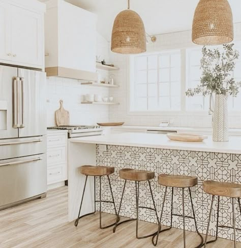 Tiled Island Bench Kitchen, Island Style Kitchen, Mid Century Modern Pendants, Tiled Island Bench, Tile Island Kitchen, Tile On Kitchen Island, Tiled Island, Boho Kitchen Island, Kitchen Island Tile