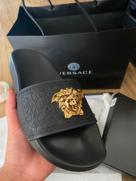 #versace #lifestyle #slides #luxury Versace Slippers For Men, Versace Slides For Men, Versace Slippers, Versace Slides, Versace Sandals, Luxury Slides, Luxury Slippers, Shoes Slides, Versace Style