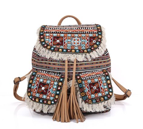 Native Southwestern Bohemian Navajo Mayan Tassel Canvas Backpack Rucksack / Gypsy Hippie Boho Indie Ethnic Tribal Bag Bohemian Backpack, Embroidery Lazy Daisy, Tassel Embroidery, Bohemian Handbags, Vintage Embroidery Patterns, Embroidery Patterns Ideas, Daisy Stitch, Boho Backpack, Embroidered Shoulder Bag