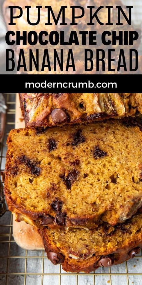 This pumpkin chocolate chip banana bread is delectable. The only thing that could make banana bread and pumpkin bread better is chocolate! This quick bread is super moist and flavorful. Pumpkin Banana Chocolate Chip Bread Recipes, Pumpkin Banana Chocolate Chip Bread, Pumpkin Chocolate Chip Banana Bread, Banana Pumpkin Bread Recipe, Best Banana Bread Recipe Moist, Chocolate Chip Quick Bread, Banana Bread Coffee Cake, Super Moist Banana Bread Recipe, Pumpkin Bread With Chocolate Chips