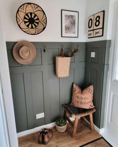 Gray Board And Batten, Board And Batten Trim, Woven Stool, Boho Hallway, Turquoise Cottage, Bedroom Revamp, Boho Entryway, Create Room, Black Hooks