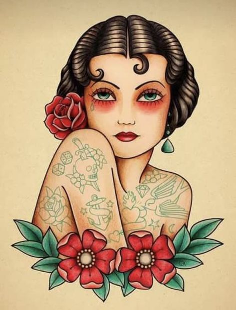 Tato Tradisional, Pin Up Girl Tattoo, Tattoo Vintage, Kunst Tattoos, Old School Tattoo Designs, Traditional Tattoo Design, Pin Up Tattoos, Traditional Tattoo Art, Old Tattoos