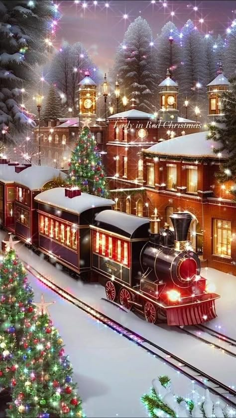 Winter Christmas Scenes, Fest Temaer, Merry Christmas Wallpaper, Merry Christmas Pictures, Christmas Scenery, Christmas Train, Kraf Diy, Winter Scenery, Christmas Scenes