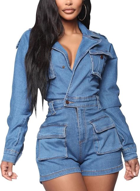 Amazon.com: HannahZone Womens Casual Denim Romper Sexy Long Sleeve Elastic Button Down Jean Jumpsuits with Pockets : Clothing, Shoes & Jewelry Blue Jean Jumpsuit Outfits, Denim Romper Outfit, Jean Outfit, Denim Outfits, Denim Jumper, Denim Romper, Shorts Women, Denim Jumpsuit, Sleeved Romper