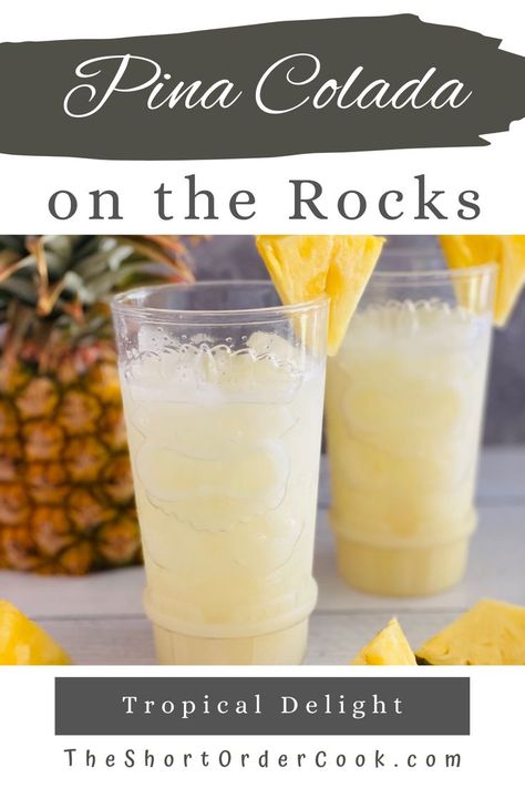 Two glasses of pina colada on crushed ice with pineapple wedges for garnish, Pina Colada Mixer Recipes, Coconut Water Pina Colada, Coconut Pina Colada Recipe, Non Blended Pina Colada, Pina Colada Mocktail On The Rocks, Light Pina Colada Recipe, Tequila Pina Colada, Iced Pina Colada Recipe, Pins Colada Punch