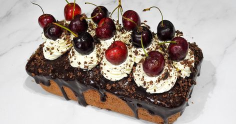 It isn't quite a black forest gateaux but is as close as it gets without the faff, this gluten free black forest loaf cake is filled with dark chocolate and cherries and topped with dark chocolate ganache, whipped cream, more cherries and grated chocolate. Unlike a proper black forest gateaux I have skipped the kirsch, but feel free to add a drop to your cake batter if you wish! It is pretty easy to make too great for a special occasion or any day really (especially if you are a chocoholic) Chocolate Ganache Whipped, Loaf Cake Recipes, Batter Mix, Dark Chocolate Ganache, Batter Bowl, Loaf Cake, Chocolate Cherry, Cream And Sugar, Cake Batter