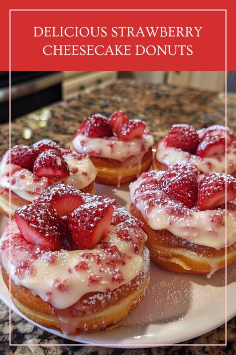 Golden donuts filled with creamy cheesecake and strawberry jam, offering a delicious taste sensation in each bite. Perfect for dessert lovers! Valentine Donut Ideas, Stuffed Donut Recipe, Filled Donut Recipe, Pink Frosted Donut, Donuts At Home, Fancy Donuts, Donut Filling, Strawberry Donuts, Donut Recipe