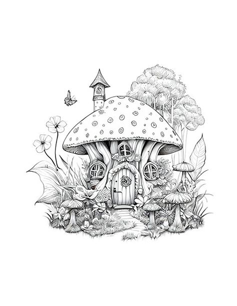 cottage coloring book page Fairy House Coloring, Coloring Pages Fairy, Crystal Drawing, House Colouring Pages, Fairy Coloring Pages, Fairy Coloring, Printable Adult Coloring Pages, Mushroom House, Grayscale Coloring