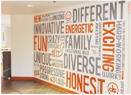 Values wall graphic Grey and orange typography wall graphic Word ... Gray Interior Doors, Office Wall Graphics, Office Graphics, Office Wall Design, Wall Graphic, Custom Wall Murals, Decor Quotes, Best Office, Word Wall Art