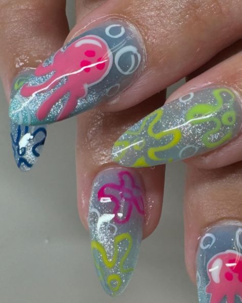 Jellyfish 🪼 Who lives in a pineapple under the sea? #nailtech #nailsnailsnails #sacramentogelx #spongebob #naildesign #nailaddict Sponge Bob Nails, Spongebob Nail Art, Spongebob Nails, Pineapple Under The Sea, Beach Nails, Nail Tech, Jellyfish, Under The Sea, Nail Ideas