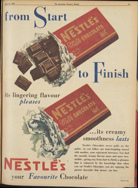 1946 advertisement for Nestlé's chocolate : Free Download, Borrow, and Streaming : Internet Archive Chocolate Advertisement, Nestle Milk, George Stephenson, Nestle Chocolate, Vintage Chocolate, Vevey, Old Advertisements, Old Ads, Print Ads