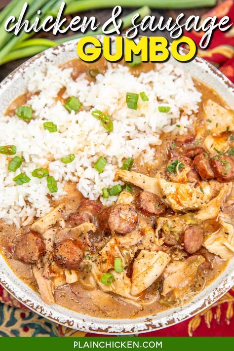 Chicken and Sausage Gumbo Recipe - A soul-warming blend of succulent chicken, smoky sausage, and a rich, dark roux, this dish is a celebration of the deep flavors of Louisiana. Slow-cooked to perfection, it's a culinary journey you won't want to miss. Serve it over fluffy white rice and garnish with fresh parsley for an authentic Creole experience. Just pin this recipe and embark on a flavor-packed adventure that's perfect for cozy gatherings and family dinners. Chicken Gumbo Recipe Easy, Chicken And Sausage Gumbo, Chicken Sausage Gumbo, Gumbo Recipe Sausage, Chicken Gumbo, Chicken And Sausage, Homemade Cajun Seasoning, Sausage Gumbo, Seafood Gumbo