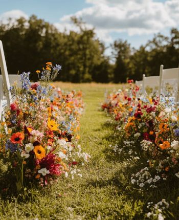 51 Beautiful Wildflower Themed Wedding Ideas - Wedding Hacked Tent Florals Wedding, Boho Wildflower Wedding Decor, Outdoor Wedding Wild Flowers, Wild Flowers Wedding Centerpiece, July Flowers Wedding, Dark Green Wildflower Wedding, Fall California Wedding, Black Wildflower Wedding, Backyard Wildflower Wedding