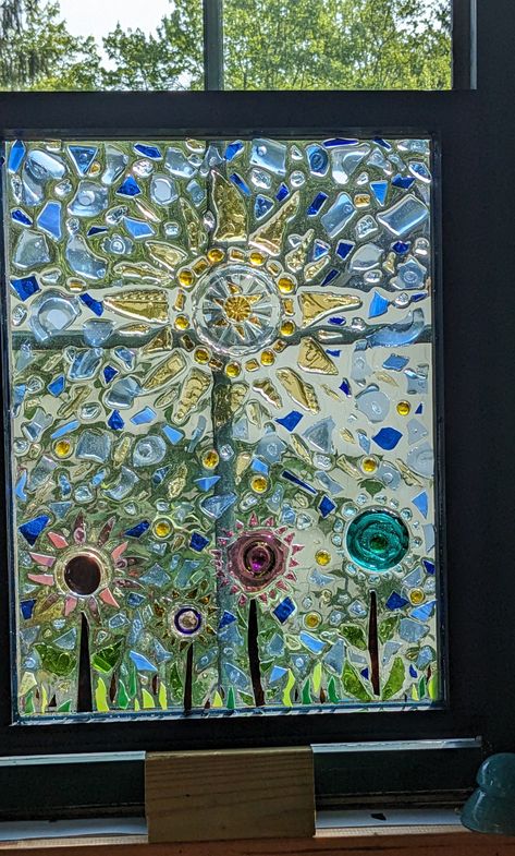 Resin Window Art Diy, Elk Aesthetic, Glass On Glass Mosaic Window, Window Art Diy, Window Frame Crafts, Window Pane Art, Sea Glass Window Art, Broken Glass Crafts, Glassware Garden Art