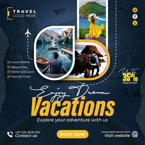 Holiday Travel Tour Package Social Media Post Adventure Square Flyer Web Template#pikbest##Templates Travel Social Media Design, Travel Flyer Design, Advertising Template, Travel Flyer, Square Brochures, About Facebook, Banner Template Design, Photography Packaging, Travel Logo