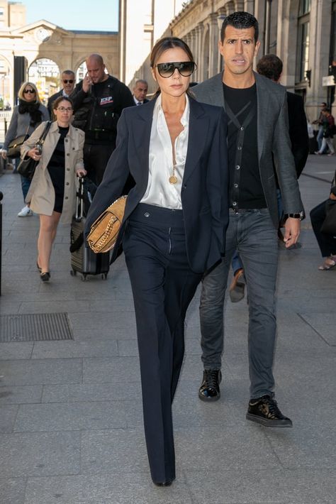 Victoria Beckham Black Suit and Silk Blouse in Paris 2018 | POPSUGAR Fashion Victoria Beckham Clothing Line, Lawyer Lifestyle, December Fits, Trends Fall 2023, Beckham Suit, Viktoria Beckham, 2023 Fall Fashion, Victoria Style, Fashion Trends Fall