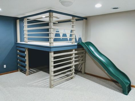 Basement Playground Diy, Slide In Basement, Playroom Slide Ideas, Indoor Playroom With Slide, Basement Playhouse With Slide, Indoor Slide Playroom, Indoor Playhouse With Slide, Playroom With Slide, Playroom Slide