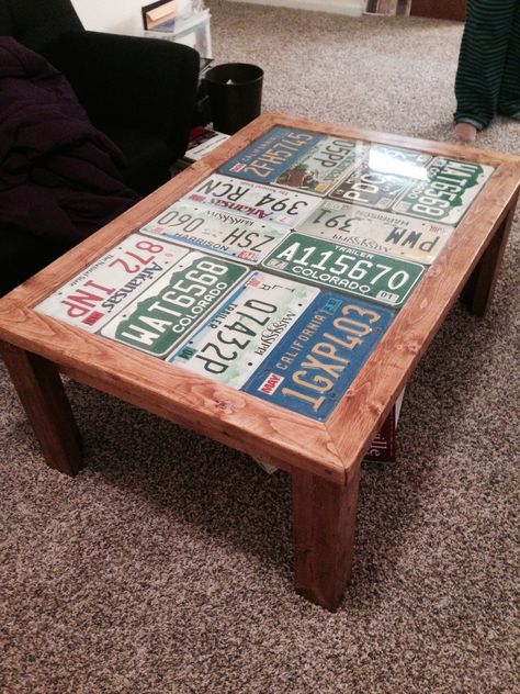 License plate coffee table License Plate Table Top, What To Do With Old License Plates, Projects Using Old License Plates, Repurpose Old License Plates, Man Cave Coffee Table, Washington Pennsylvania, Wall Of License Plates, License Plate Ideas, License Plate Decor