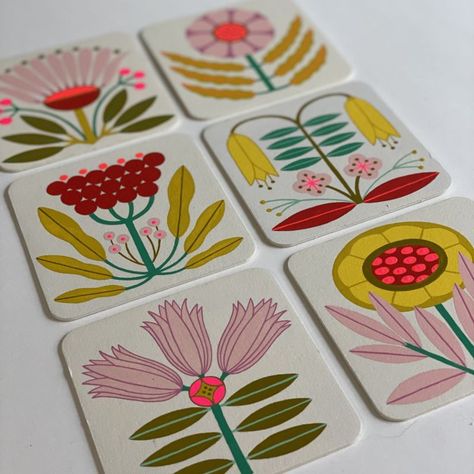 "Coaster Set for Nucleus Portland Salut!6 Show" by Mary O'Malley, Artist | Other Projects Ceramic Mural Art Ideas, Pottery Painting Floral, Coaster Illustration, Floating Nightstand Ideas, Modern Floating Nightstand, Floral Folk Art, Nightstand Ideas, Coaster Art, Folk Art Flowers