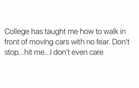 College has taught me how to walk in front of moving cars with no fears College Quotes Funny, Student Quotes, Scientific Writing, College Memes, College Quotes, How To Walk, Bio Quotes, College Humor, Me Quotes Funny