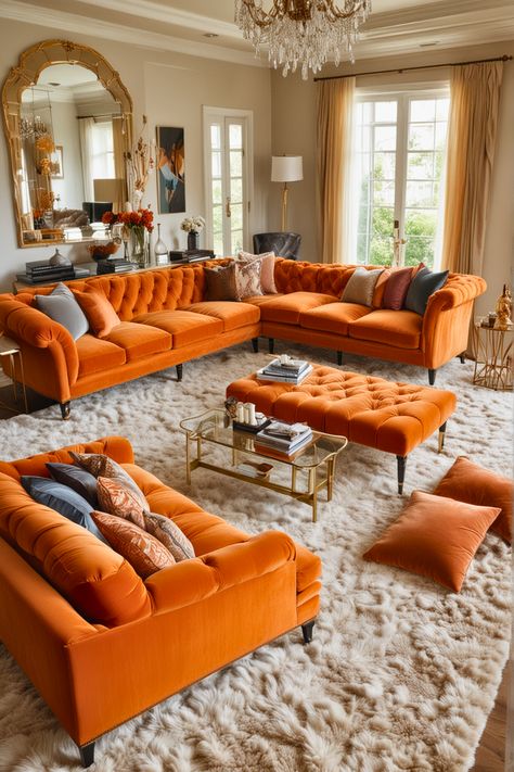 Living Room With Orange Sofa, Orange Maximalist Living Room, Orange Couch Living Room Decor, Orange Couch Aesthetic, Rust Couch Living Room Ideas, Orange Sofa Living Room Ideas, Orange Sofa Living Room, Orange Couch Living Room Ideas, Orange Living Room Decor Ideas