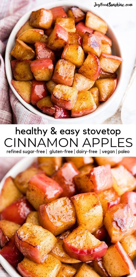 These Stovetop Sautéed Cinnamon Apples taste like a warm apple pie, but they come together in 5 minutes and are SO much healthier! This recipe is gluten-free, dairy-free, refined sugar free, vegan AND paleo! Perfect for breakfast, a snack, or dessert!  #cinnamonapples #healthyrecipe #apples #paleo #vegan #glutenfree #dairyfree Apple Cinnamon Recipes, Oreo Desserts, Menu Sarapan Sehat, Resep Diet, Warm Apple, Makanan Diet, Snacks Saludables, Läcker Mat, God Mat