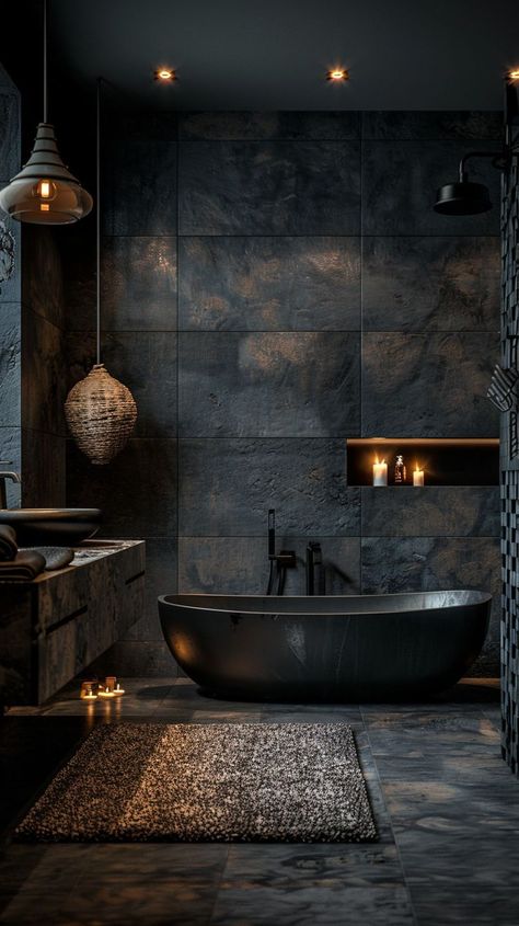 #bathroomdesign #interiordesign #bathroomdecor #bathroominspiration #bathroomremodel #bathroomrenovation #bathroomideas #bathroommakeover #bathroomgoals #bathroomstyle #bathroominteriors #bathroominspo #bathroomtrends Moody Masculine Bathroom, Black Bathrooms Luxury, Industrial Chic Bathroom, Moody Bathroom Tile, Black And Copper Bathroom, Club Bathroom Aesthetic, Black Master Bath, Bathroom Interior Design Luxury Black, All Black Interior Design