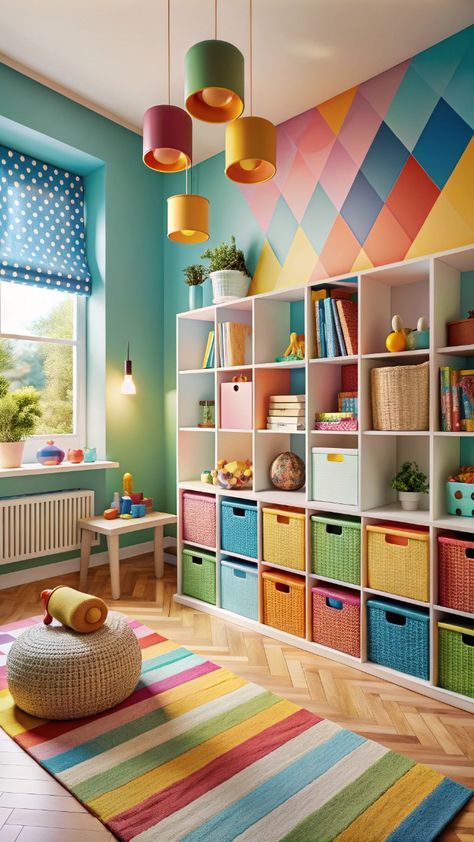 Multicolor Bedroom Ideas, Kids Colorful Bedroom, Playroom Kallax Ideas, Montessori Living Room, Decor With Books, Colorful Playroom Ideas, Camera Montessori, Kids Ministry Rooms, Install Floating Shelves