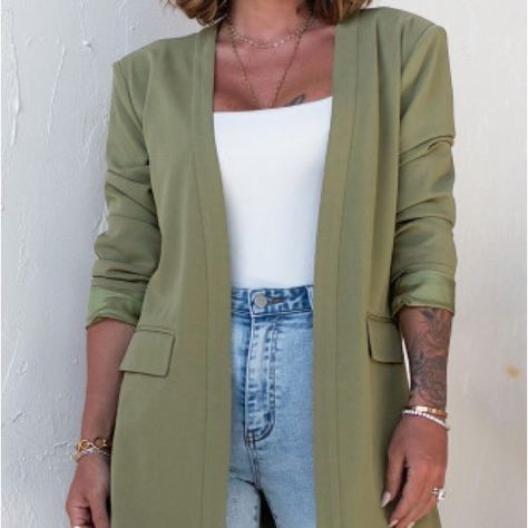 Olive Green Blazer New In Bag Never Worn Semi Formal Mujer, Ropa Semi Formal, Blazer Verde, Olive Green Blazer, Look Legging, Image Model, Blazer Outfit, Green Blazer, Open Front Blazer