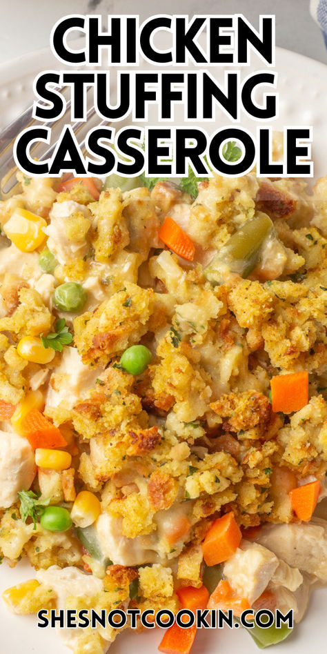 Stovetop stuffing casserole on a white plate. Turkey Dinner Recipes, Stove Top Stuffing Recipes, Sheet Pan Dinner Ideas, Dump And Go Crockpot, Ground Beef Dinner Ideas, Chicken And Dressing Casserole, Dinner Ideas Crockpot, Dinner Ideas With Chicken, Stove Top Stuffing