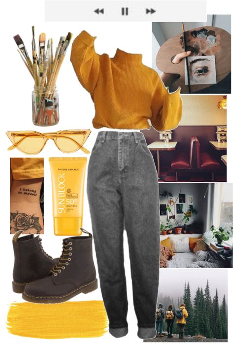 Need outfits for a character in your book? #random #Random #amreading #books #wattpad Artistic Outfits, Artsy Aesthetic, Yellow Clothes, Artsy Outfit, Artsy Style, Artist Outfit, Artist Aesthetic, Yellow Outfit, Mode Inspiration