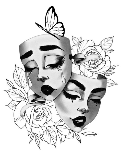 Mascara  rosas mariposa Theater Mask Tattoo Men, Two Faced Mask Tattoo, Drama Masks Drawing, Mask Drawing Sketches, 2 Face Tattoo Mask, Mask Tattoos For Women, Theatre Masks Tattoo, Drama Mask Tattoo, Mask Drawing Ideas