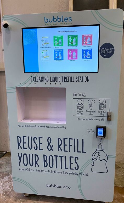 Cool Laundromat, Refill Station Design, Refill Store Design, Refillery Shop, Kid Skincare, Laundromat Design, Recycle Machine, Refilling Station, Refill Store